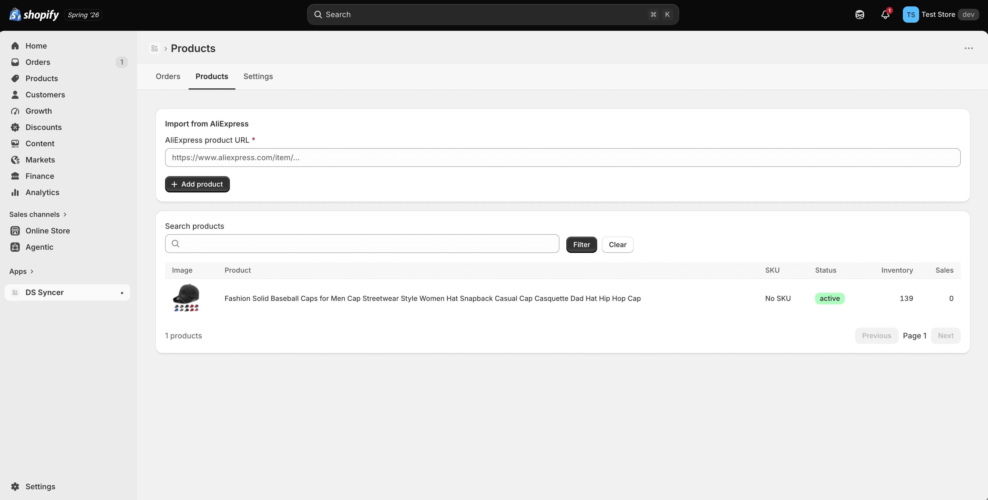 DS Syncer product management page inside Shopify admin