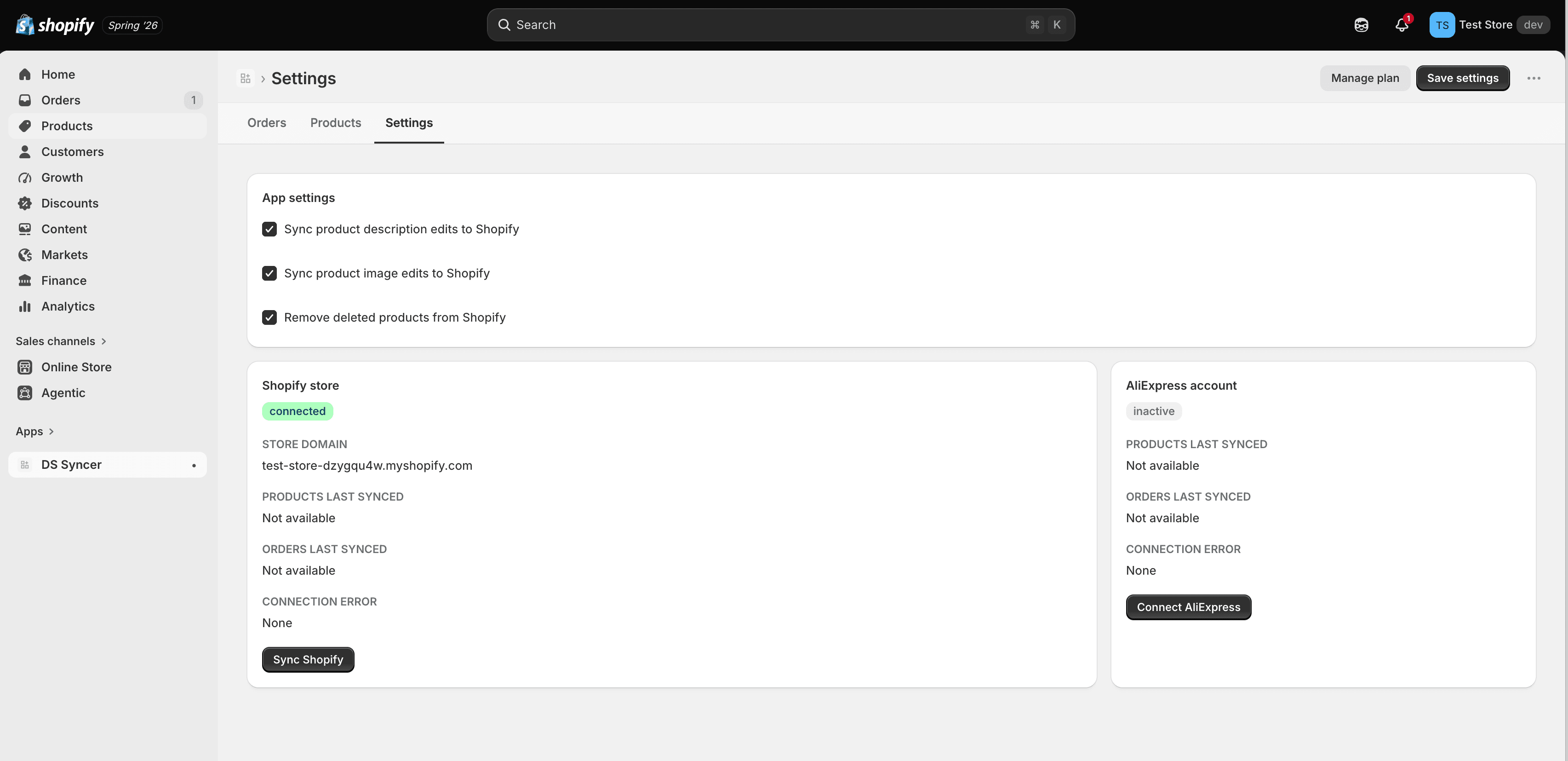 DS Syncer settings page inside Shopify admin